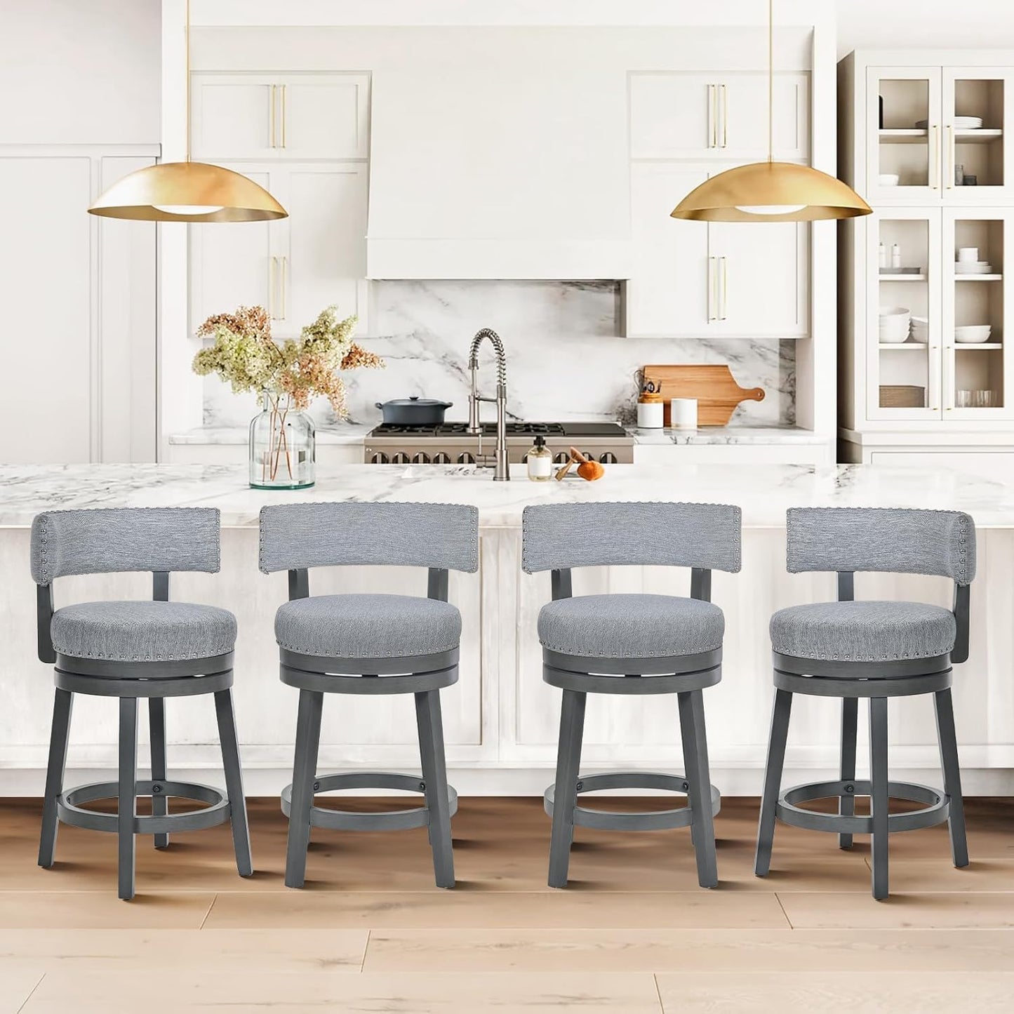 COLAMY Swivel Counter Height Bar Stools Set of 4, 25 Inch Modern Upholstered Kitchen Island Barstools with Back, Wood Swivel Bar Chairs for Counter Bar Dining Room, Grey