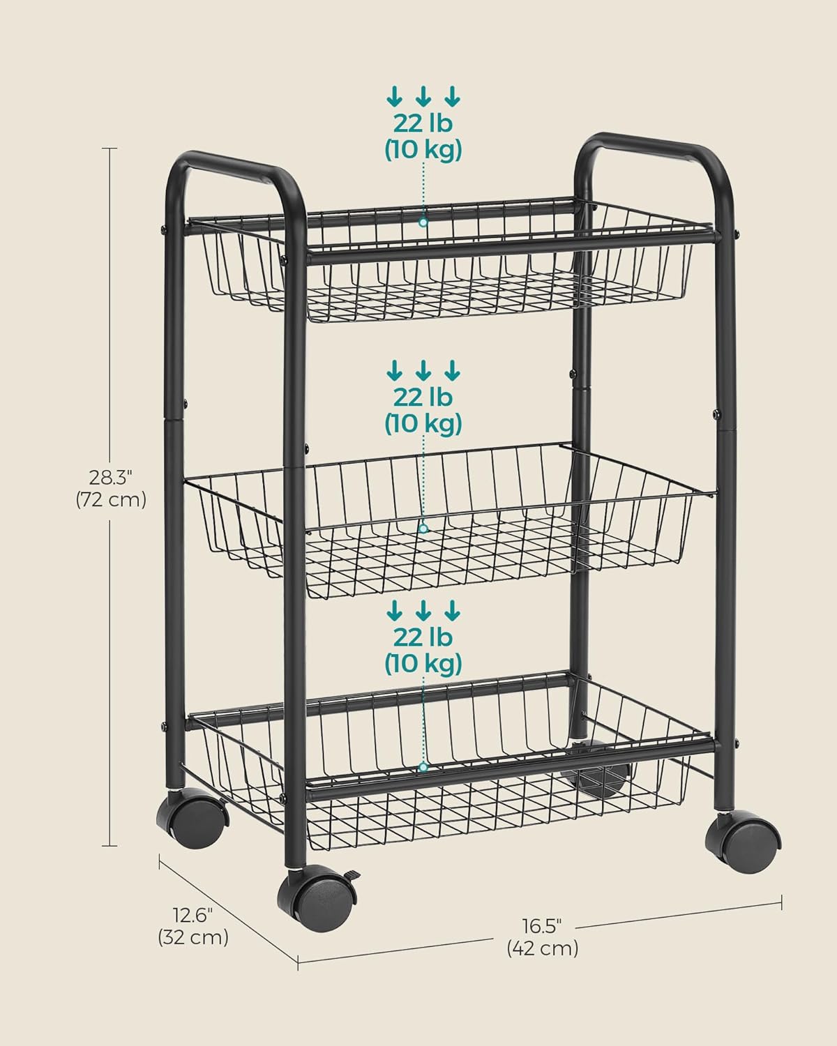SONGMICS 3-Tier Metal Rolling Cart on Wheels with Baskets, Lockable Utility Trolley with Handles for Kitchen Bathroom Closet, Storage with Removable Shelves, Black UBSC03BK