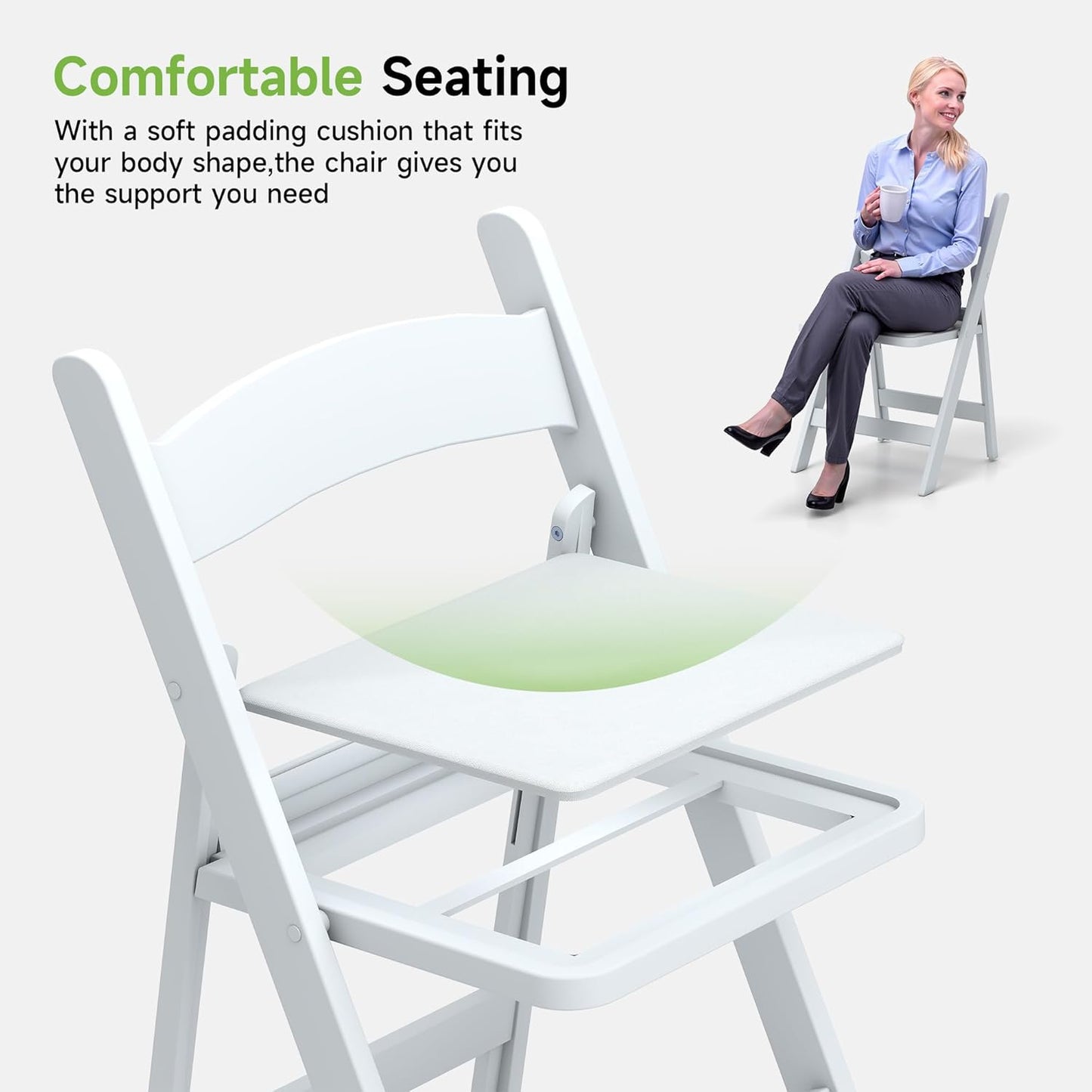 Real Relax Resin Folding Chairs, 4 Sets, White Patio Chairs with PVC Padded Seats 330LB Capacity for Camping, Banquets, Weddings, Church and Events