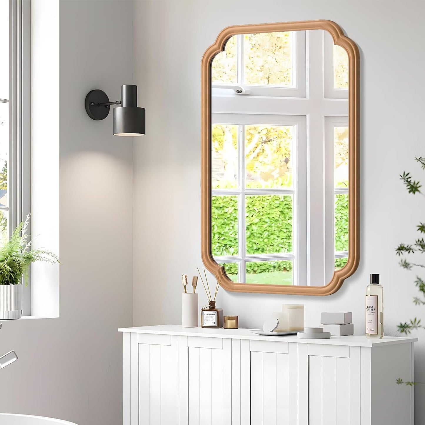 Wood Bathroom Mirror for Wall Mounted, 24" x 36" Rustic Bathroom Mirror for Over Sink with Wood Frame Farmhouse Rounded Corner Rectangle Mirror Decorative(Natural Color)