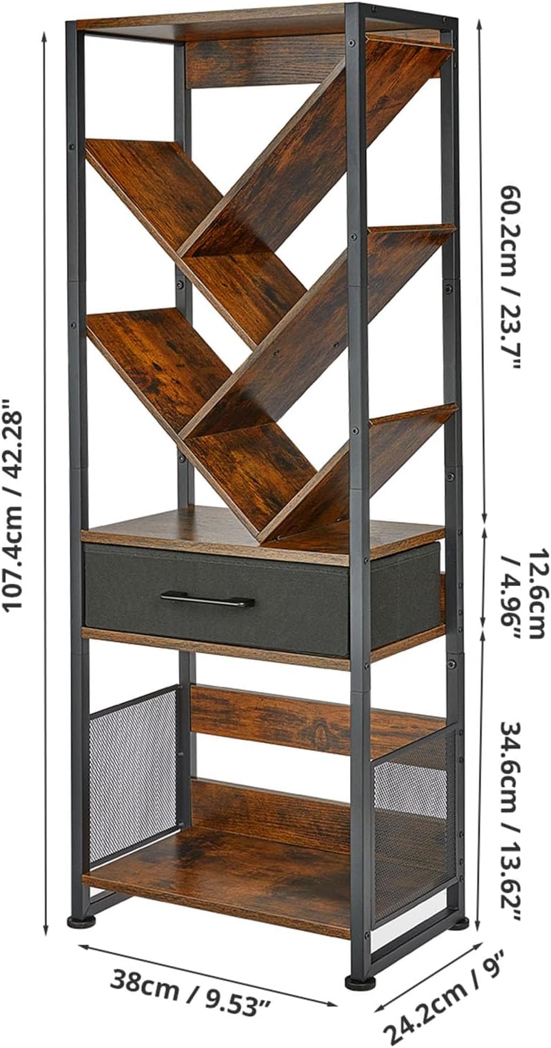 Bookshelf with Drawer,8 Tier Tree Bookcase Retro Floor Standing Bookshelves,Tall Wood Bookcases with Cabinet Storage Organizer for Living Room, Bedroom & Home Office, Classic