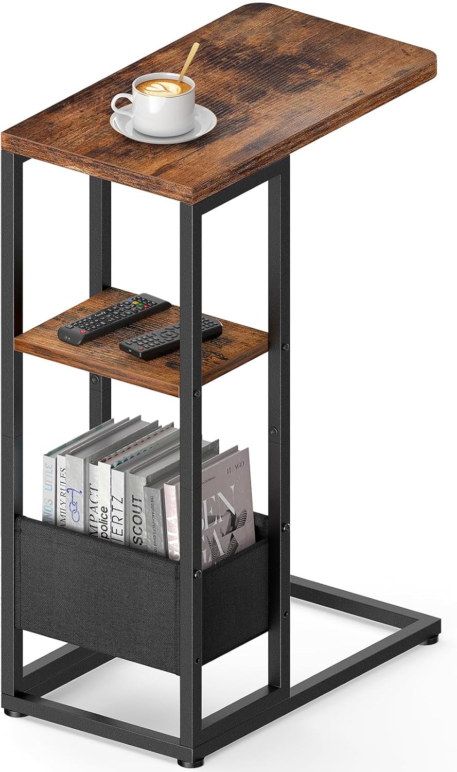 C Shaped End Table, Small Side Table for Couch, Recliner, Slide Under Sofa Tray Desk Snack Tables with Storage Bag for Living Room,Bedroom, Small Spaces - Rustic Brown