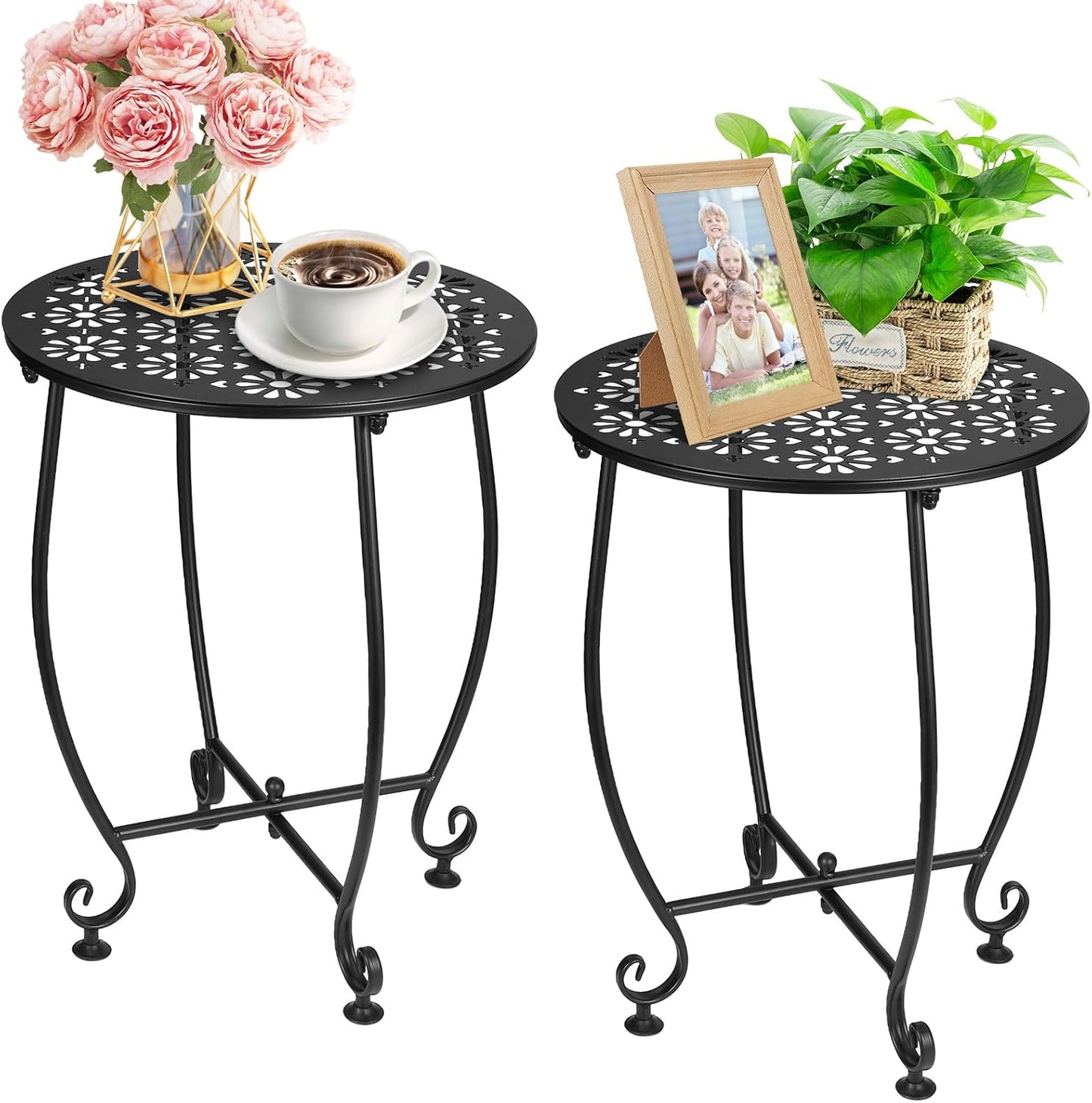 2 Pack 14 Inch Outdoor Side Table for Small Spaces, Patio Side Table,Plant Stand,Round Metal End Table for Patio,Yard Porch Balcony Garden