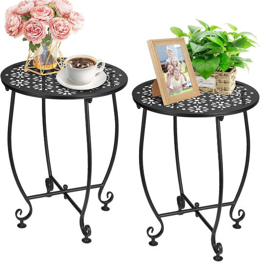 2 Pack 14 Inch Outdoor Side Table for Small Spaces, Patio Side Table,Plant Stand,Round Metal End Table for Patio,Yard Porch Balcony Garden