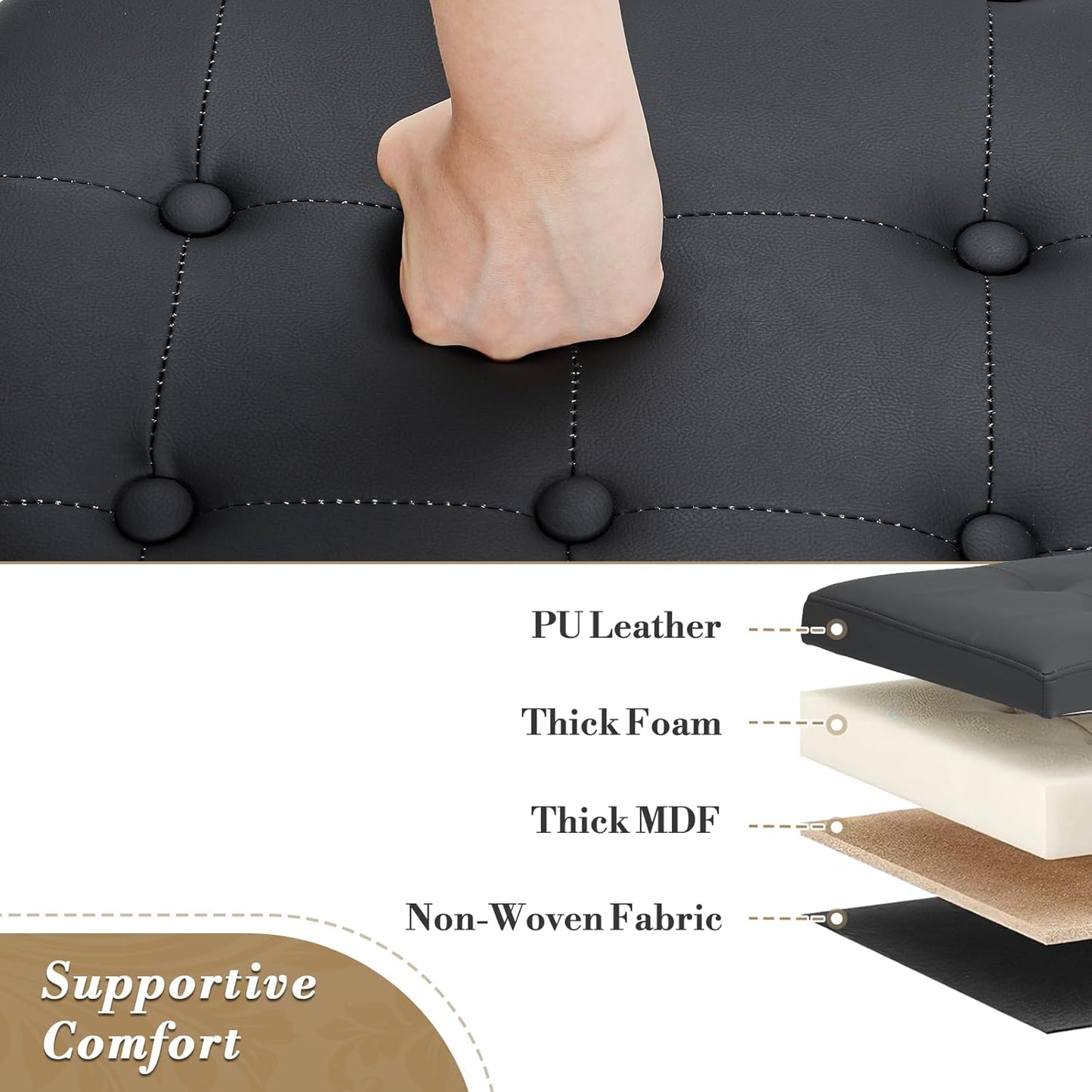 Athena Collection 20 Inch Small Ottoman with Storage, Round PU Leather Storage Ottoman with Removable Lid, Stylish Footstool Foot Rest for Living Room, Bedroom, Dorm, Black