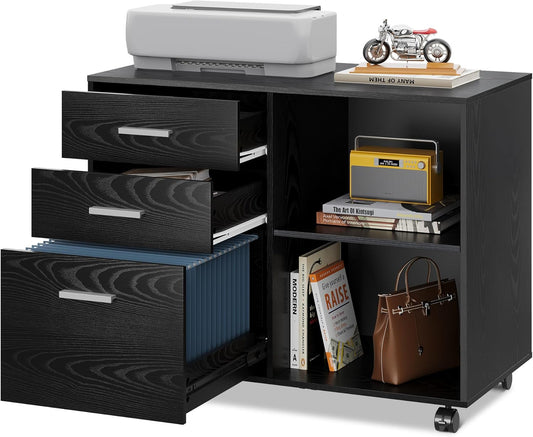 DEVAISE 3 Drawer Mobile File Cabinet, Wood Lateral Filing Cabinet, Printer Stand with Open Shelves for Home Office, Black
