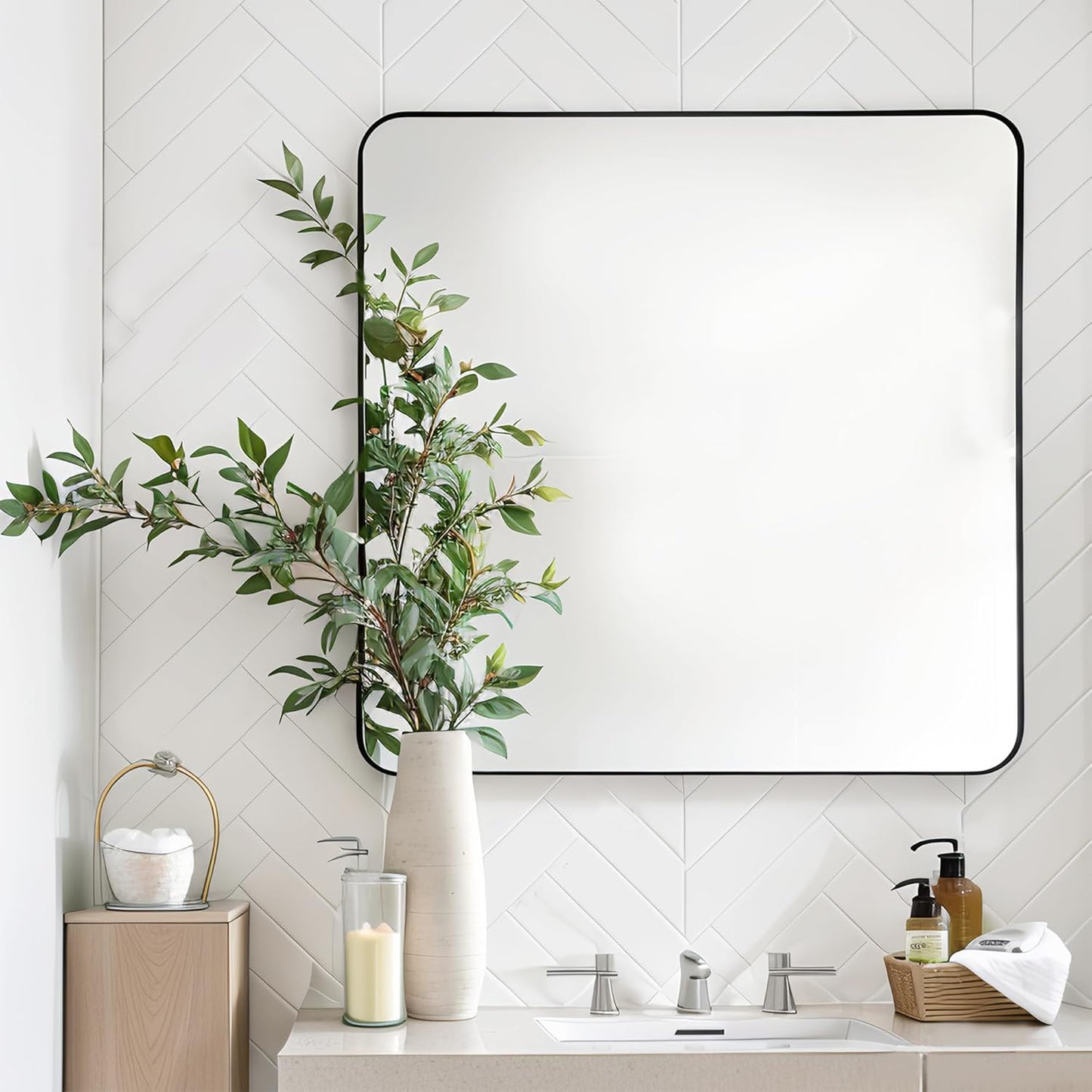 36x36 Inch Rectangle Bathroom Mirror with Black Metal Frame, Rounded Corner Rectangular Vanity Mirror for Wall, Modern Large for Bedroom, Living Room, Horizontal or Vertical