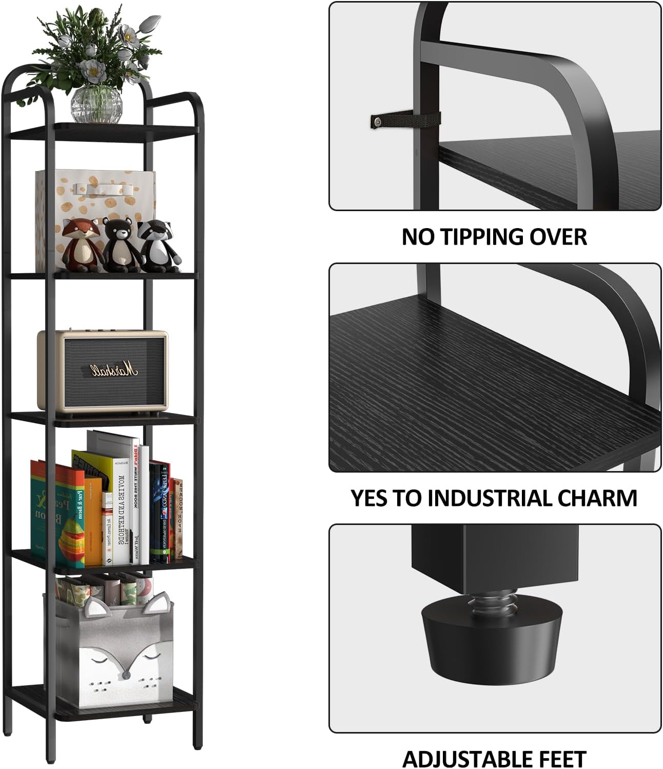 Book Shelf, 5 Tier Bookshelf, Bookcase with 5 Shelves, Storage Rack Organizer, Corner Wood Storage Shelf with Metal Frame for Bedroom, Living Room, Black