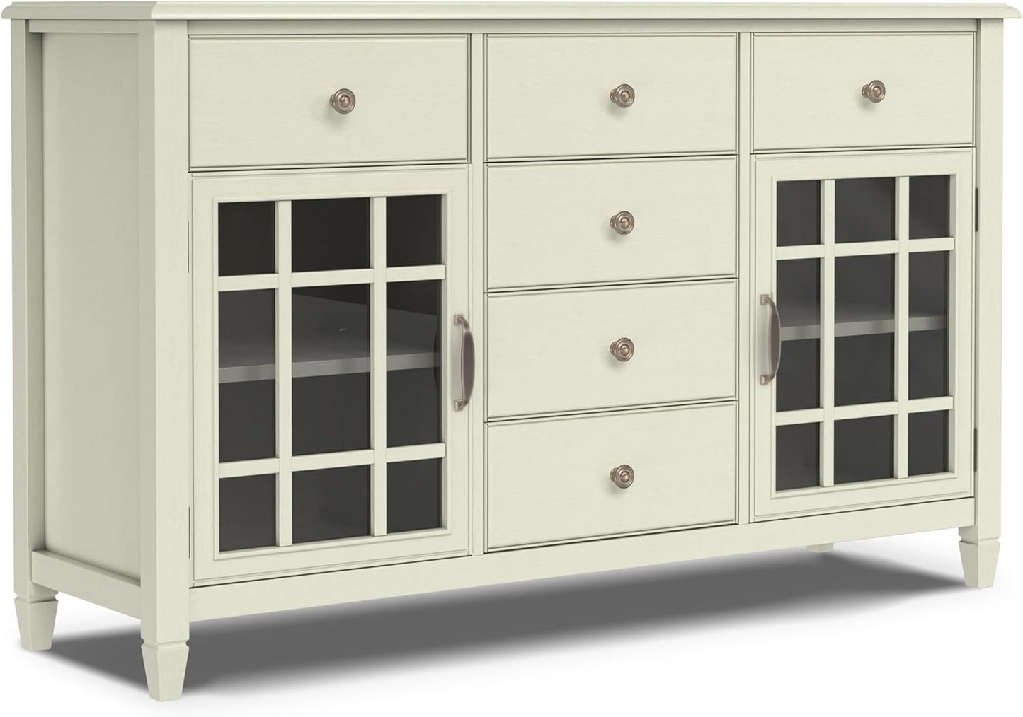 SIMPLIHOME Connaught Buffet - 60 inch Wide Solid Wood 3-Door Sideboard Buffet in Antique White, Traditional Storage Cabinet for Dining Room or Kitchen with Adjustable Shelves and Classic Molding