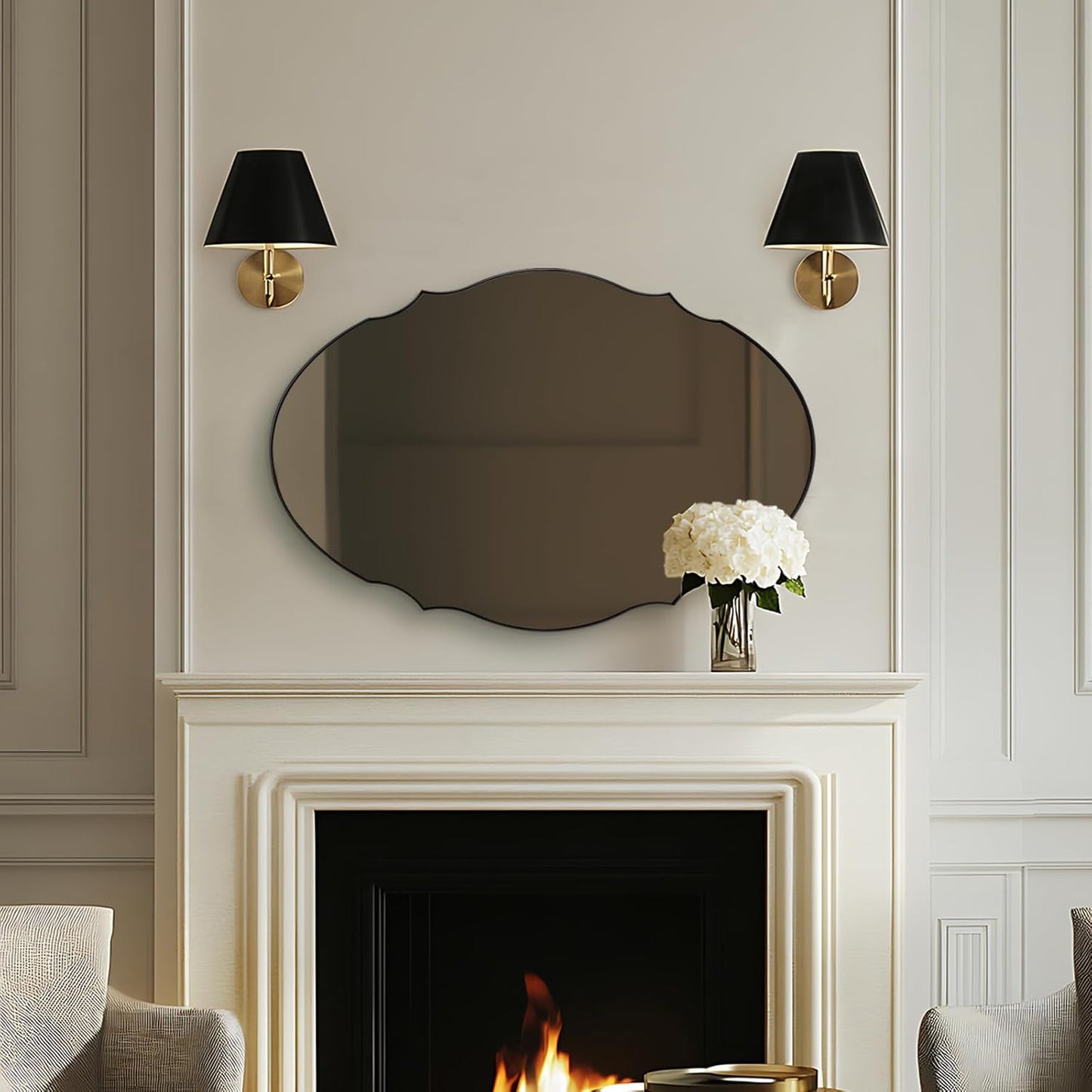 ANDY STAR Scalloped Oval Mirror for Bathroom, 24x36 Inch Matte Black Wall Vanity Mirror for Living Room,Fireplace, Rustproof Stainless Steel Metal Frame, Hang Vertical or Horizontal