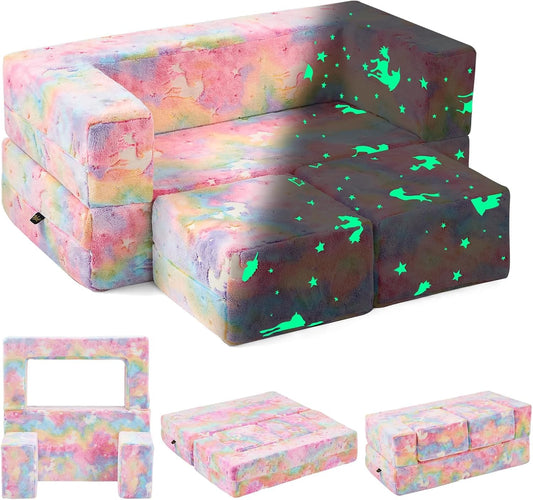 Modular Kids Couch, Glow in The Dark Sofa 3 in 1 Fold Out Kids Sofa with Washable and Durable Covers for Boys, Rainbow Unicorn