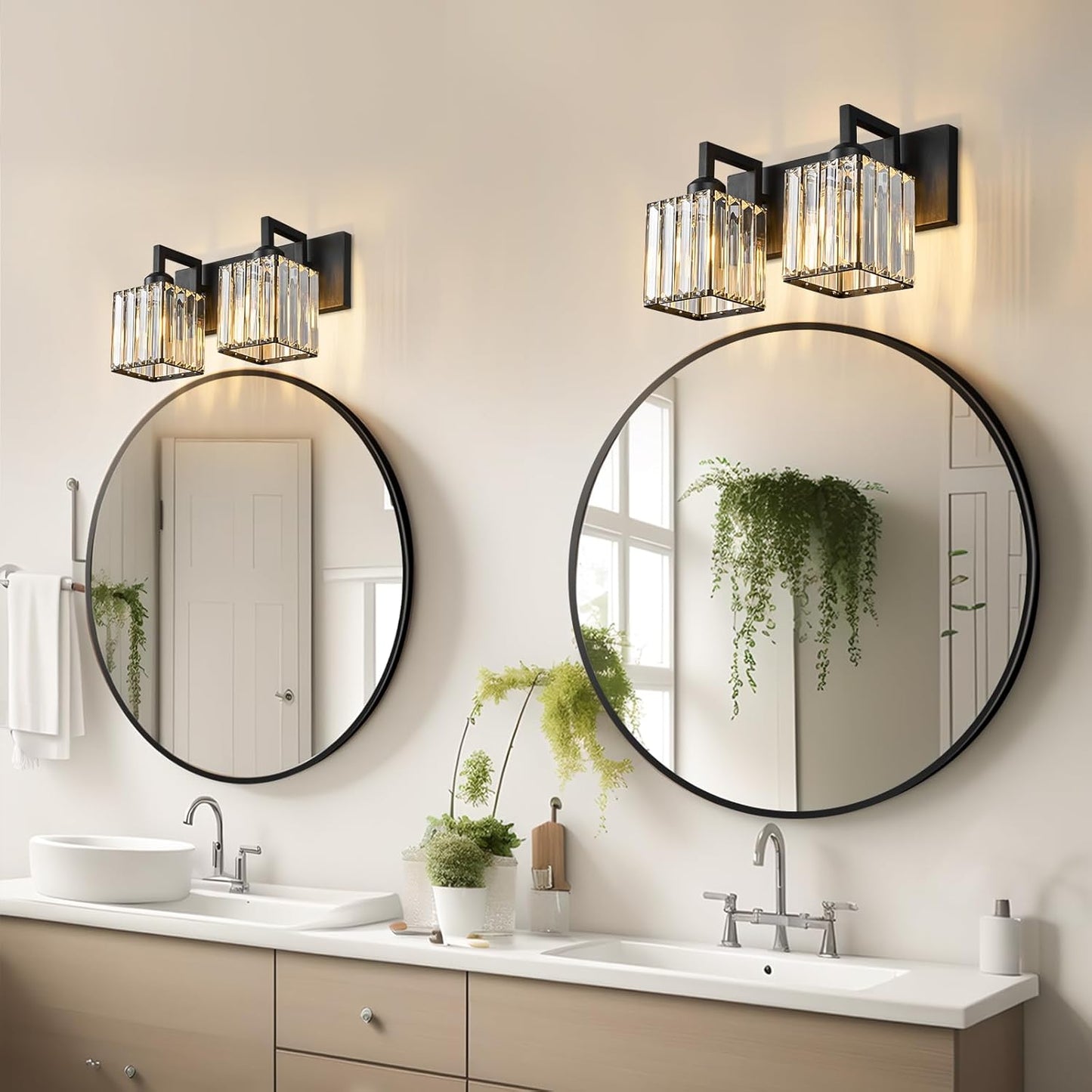 Modern Bathroom Vanity Light 2-Lights Black Crystal Bathroom Wall Light Vanity Light Fixtures