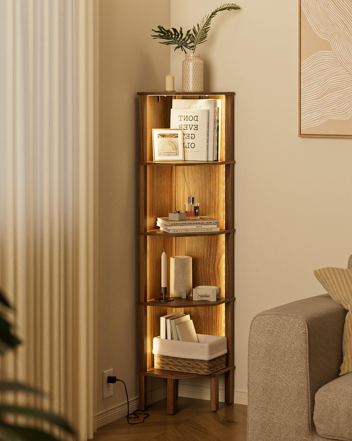 Corner Shelf, 5 Tier Corner Bookshelf with LED Light,Wall Display Corner Shelf Stand with Storage Rack for Living Room,Bedroom,Office,Walnut