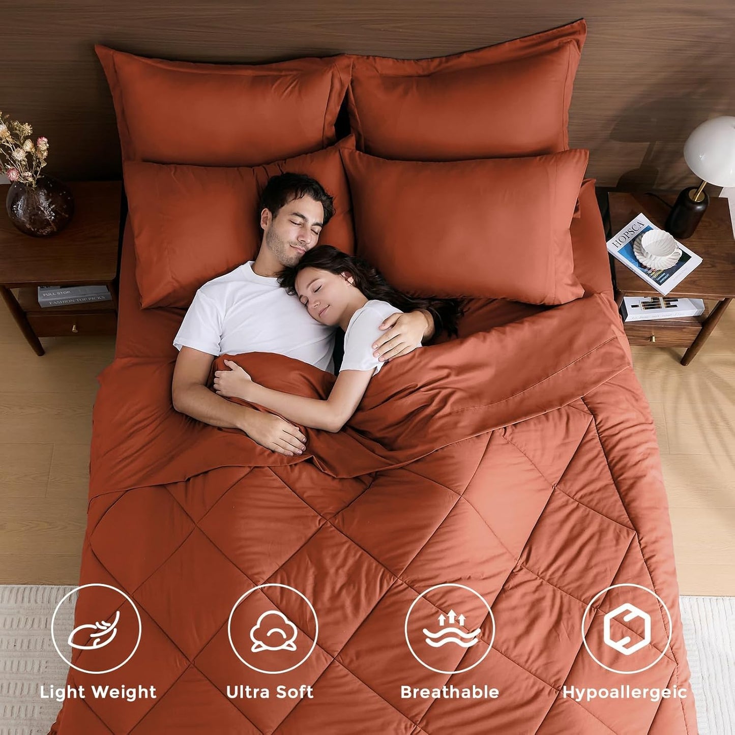 HEVUMYI Burnt Orange Twin Comforter Set - 5-Piece All Season Bed in a Bag Twin, Ultra Soft Bedding Set with Comforter, Flat Sheet, Fitted Sheet, Pillowcases, Pillow Shams