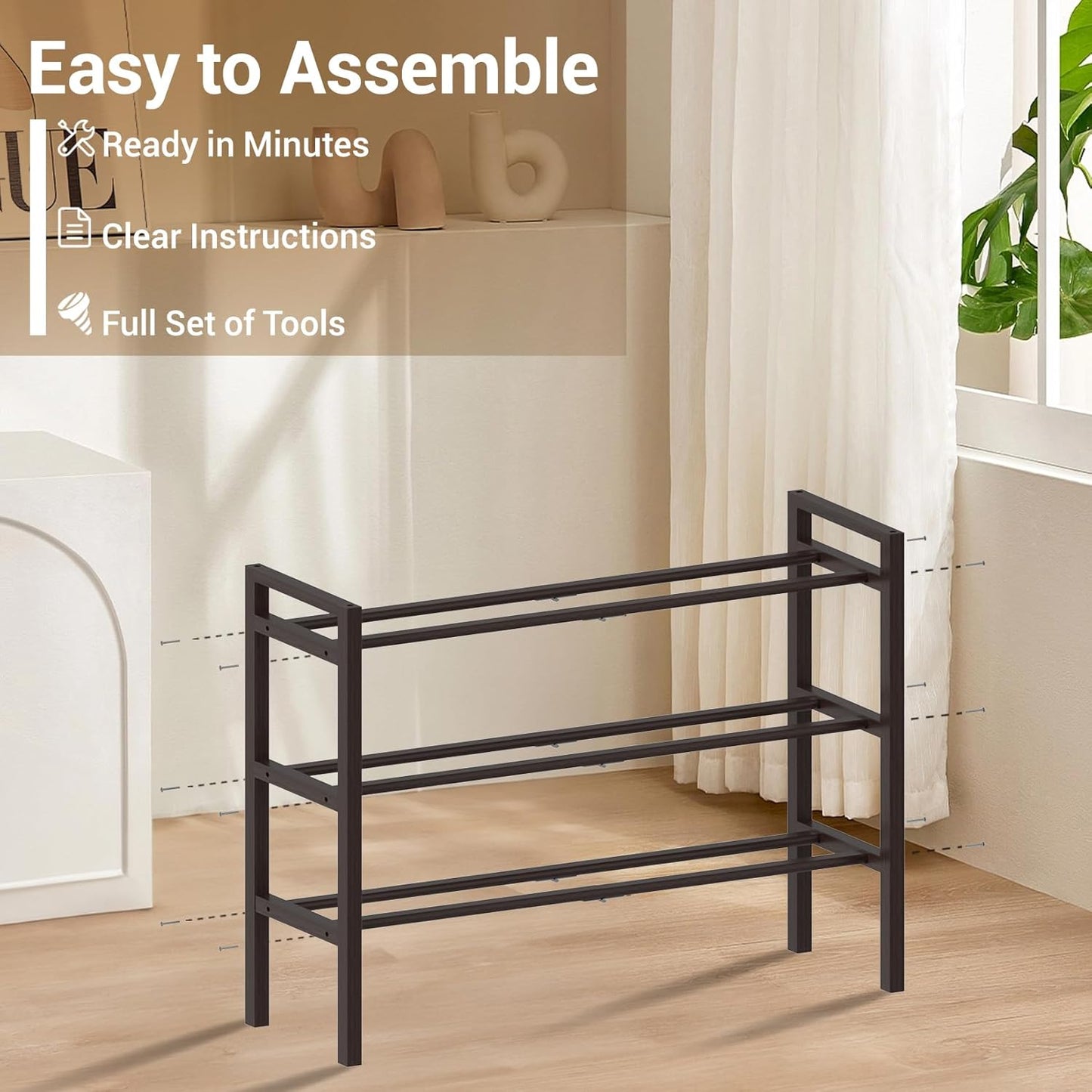 Haddockway Bamboo Shoe Rack for Closet, Free Standing Shoe Organizer with Smooth Round Rods & Convenient Handles, Stackable Shoe Storage Shelf for Entryway, Hallway(Brown, 3-Tier)