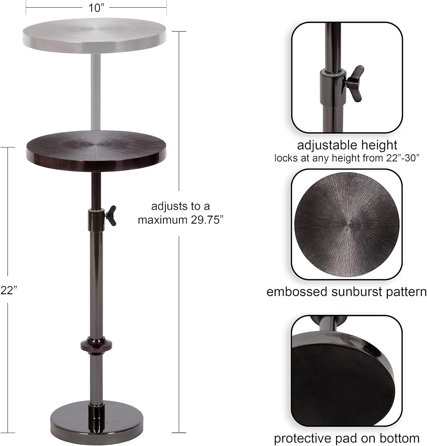 Kate and Laurel Engles Transitional Adjustable-Height Pedestal Drink Table; 10 x 10 x 30; Gray Gunmetal; Vintage Round Indoor Metal Plant Stand with Embossed Sunburst Pattern