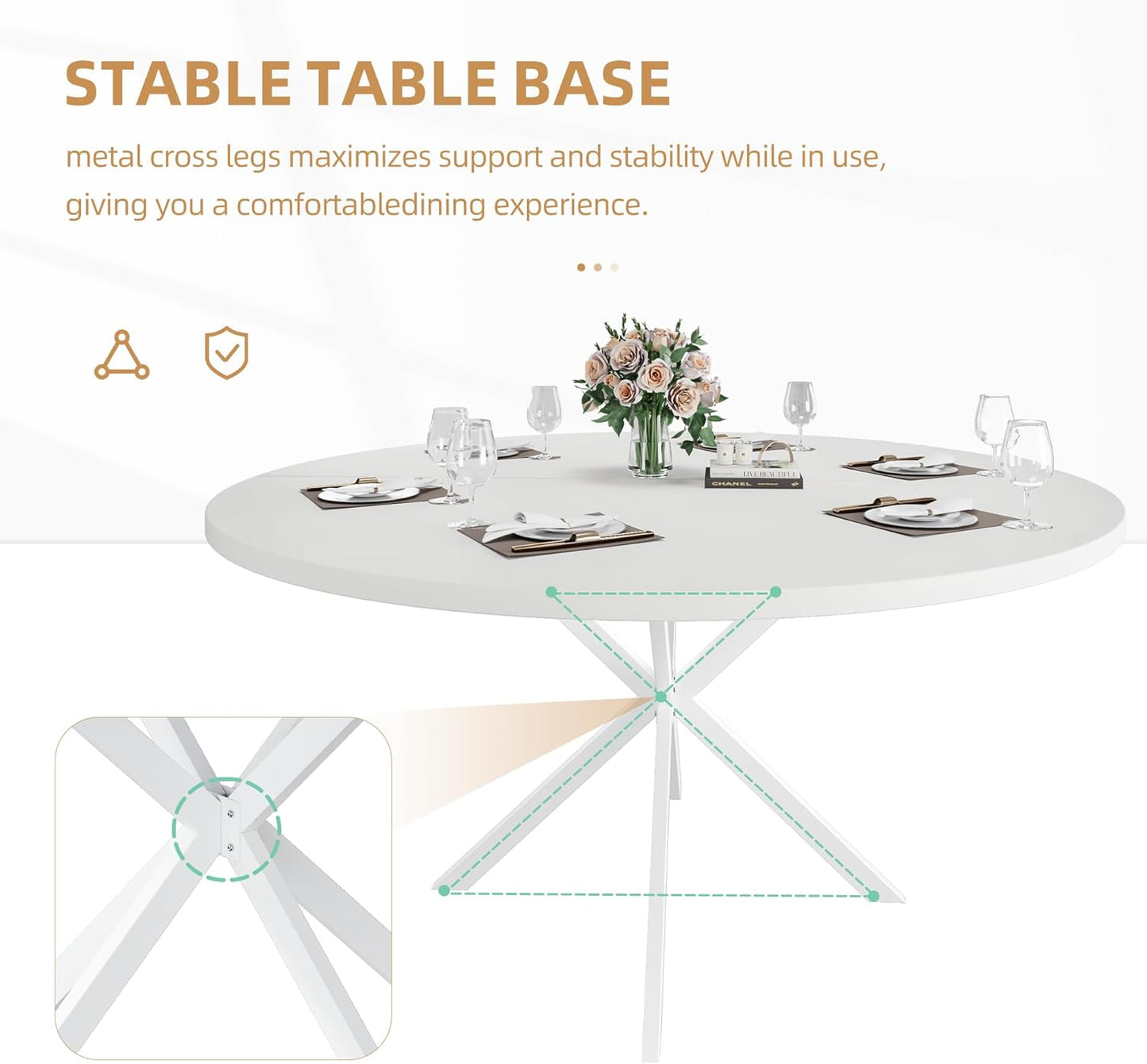 47.24" Round Dining Table for 4-6 Person, Modern Kitchen Table With Metal Legs, Pedestal Circle Table for Dining Room (White)