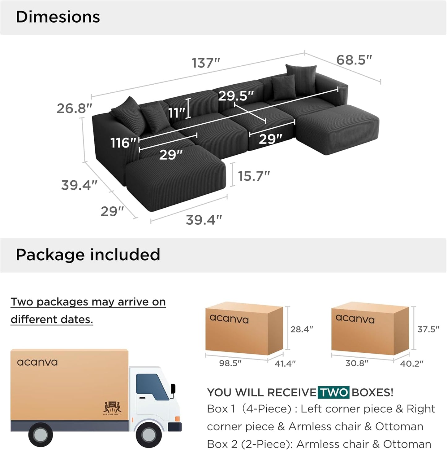 Acanva Convertible Modular Sectional Sofa with Movable Ottomans, Free Combination Corduroy Couch for Living Room Apartments, U-Shaped, Black