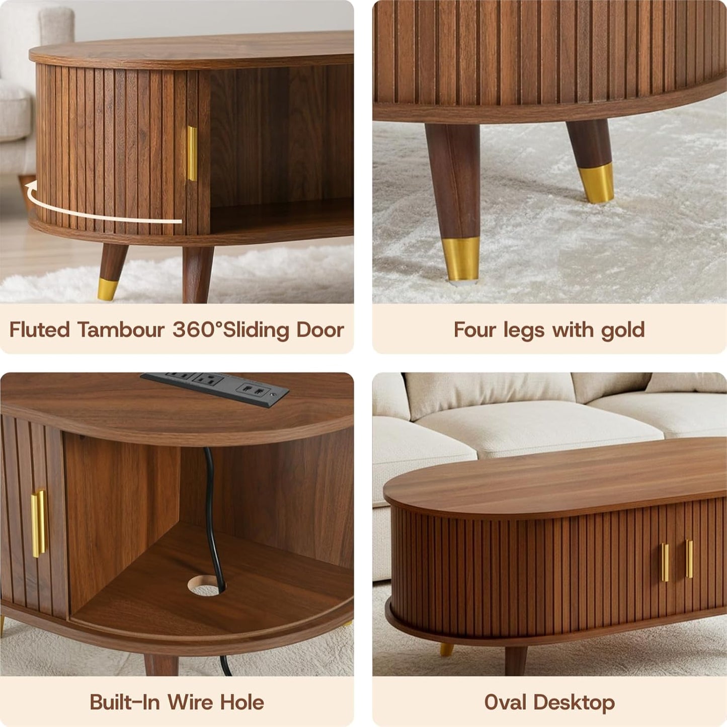 Mid-Century Fluted Oval Coffee Table with 360° Tambour Doors, Hidden Storage, Solid Wood Legs & 2 AC+2 USB Charging Station, Modern Coffee Table for Living Room, Apartment, Walnut