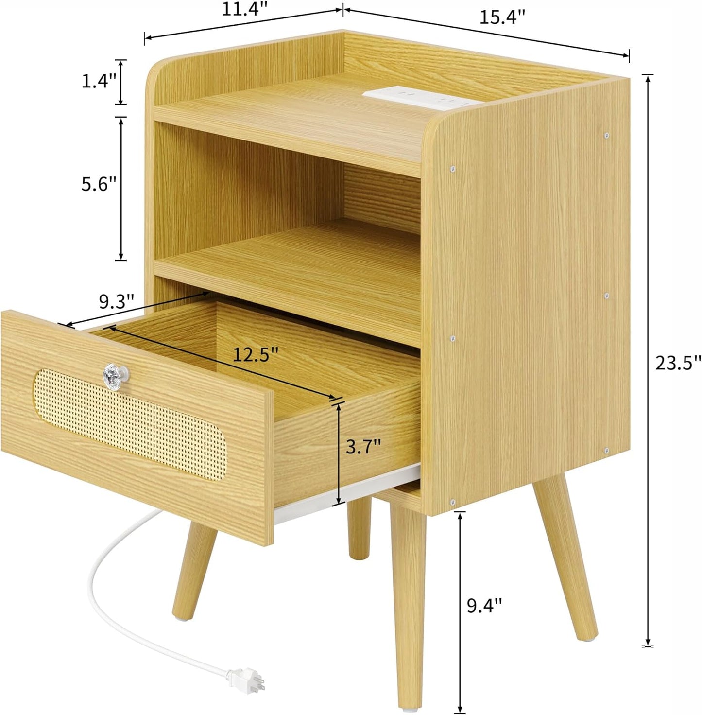 End Table Set of 2 with Charging Station, Diamond Décor Nightstands Set of 2, Bedside Table Set of 2 with Solid Wood Legs, Light Oak