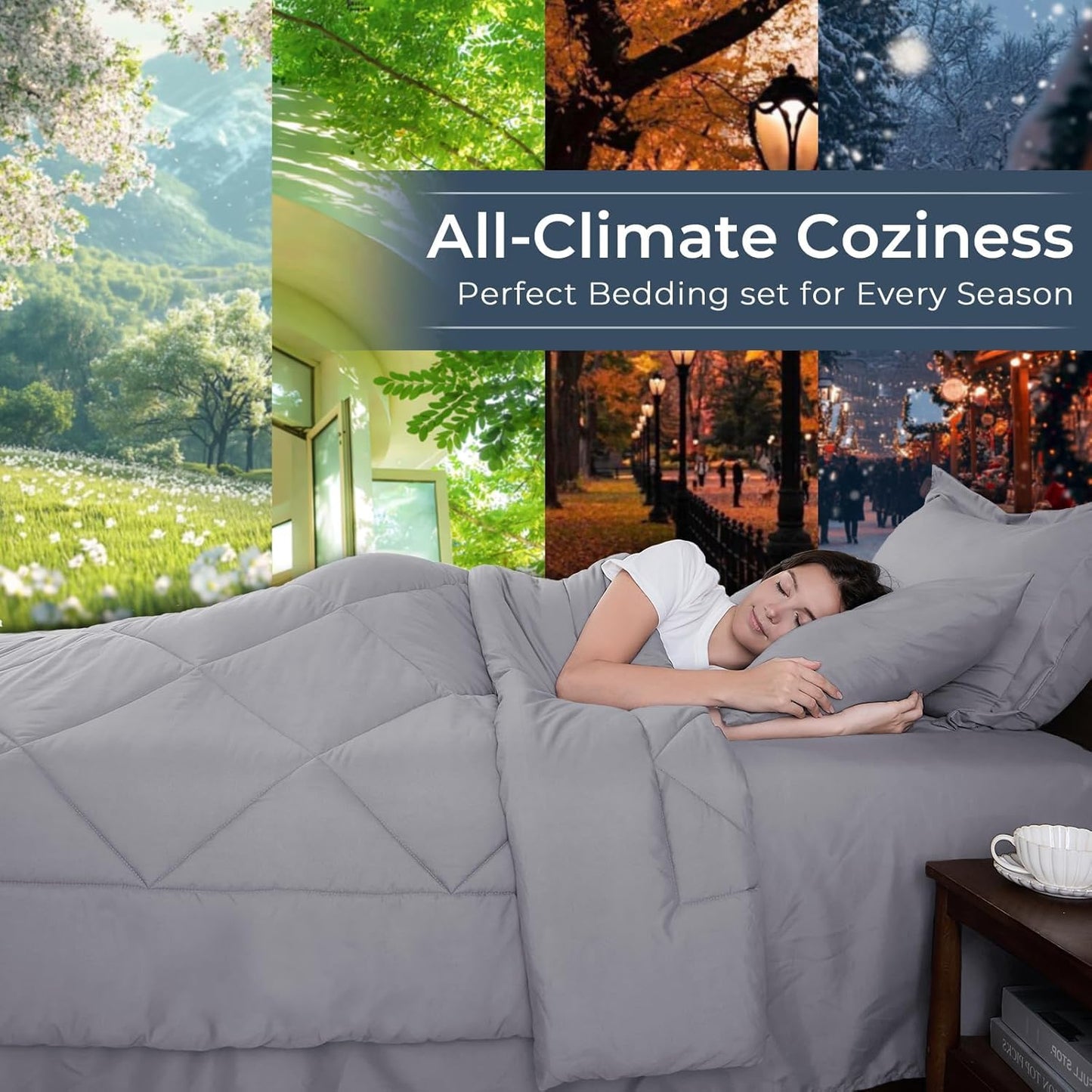 HEVUMYI Light Grey Twin Comforter Set - 5-Piece All Season Bed in a Bag Twin, Ultra Soft Bedding Set with Comforter, Flat Sheet, Fitted Sheet, Pillowcases, Pillow Shams, Light Gray