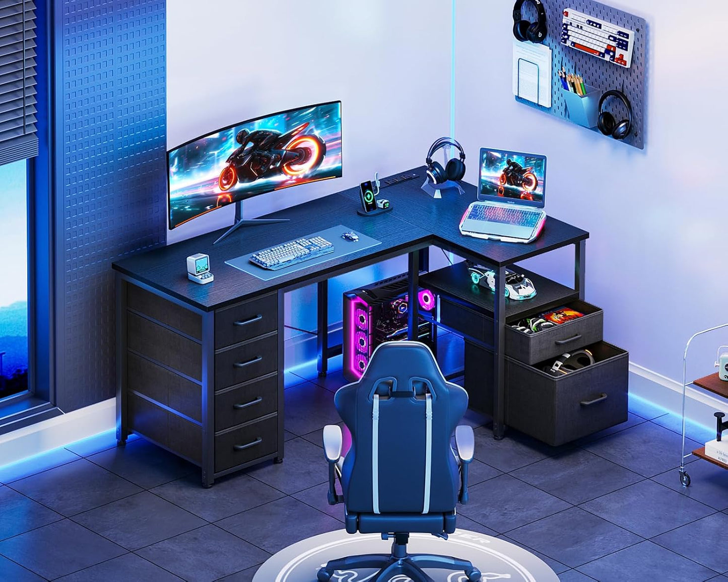 Coleshome L Shaped Computer Desk with 6 Drawers & Power Outlet, 55 Inch Corner Desk with Reversible Storage Shelf & File Drawer, Home Office Desk, Black