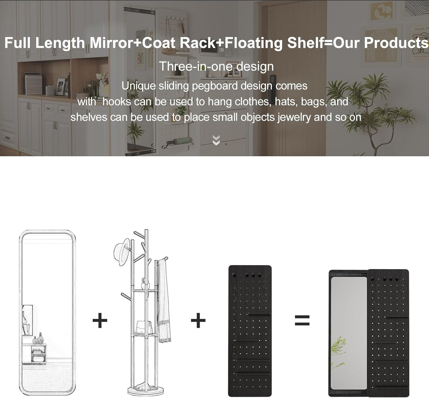 KungFuWood Full Length Mirror with Shelf and Hooks,Entry Way Mirrors for Wall,Wall Mirror with Shelf,Wall Mirror with Storage Multifunctional Design Panel,Living Room