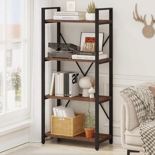 BON AUGURE Industrial 4 Tier Bookshelf, Modern Open Etagere Bookcase, Wood Metal Vintage Shelving Unit for Office Bedroom and Living Room, Heavy Duty Book Shelf (Rustic Oak)