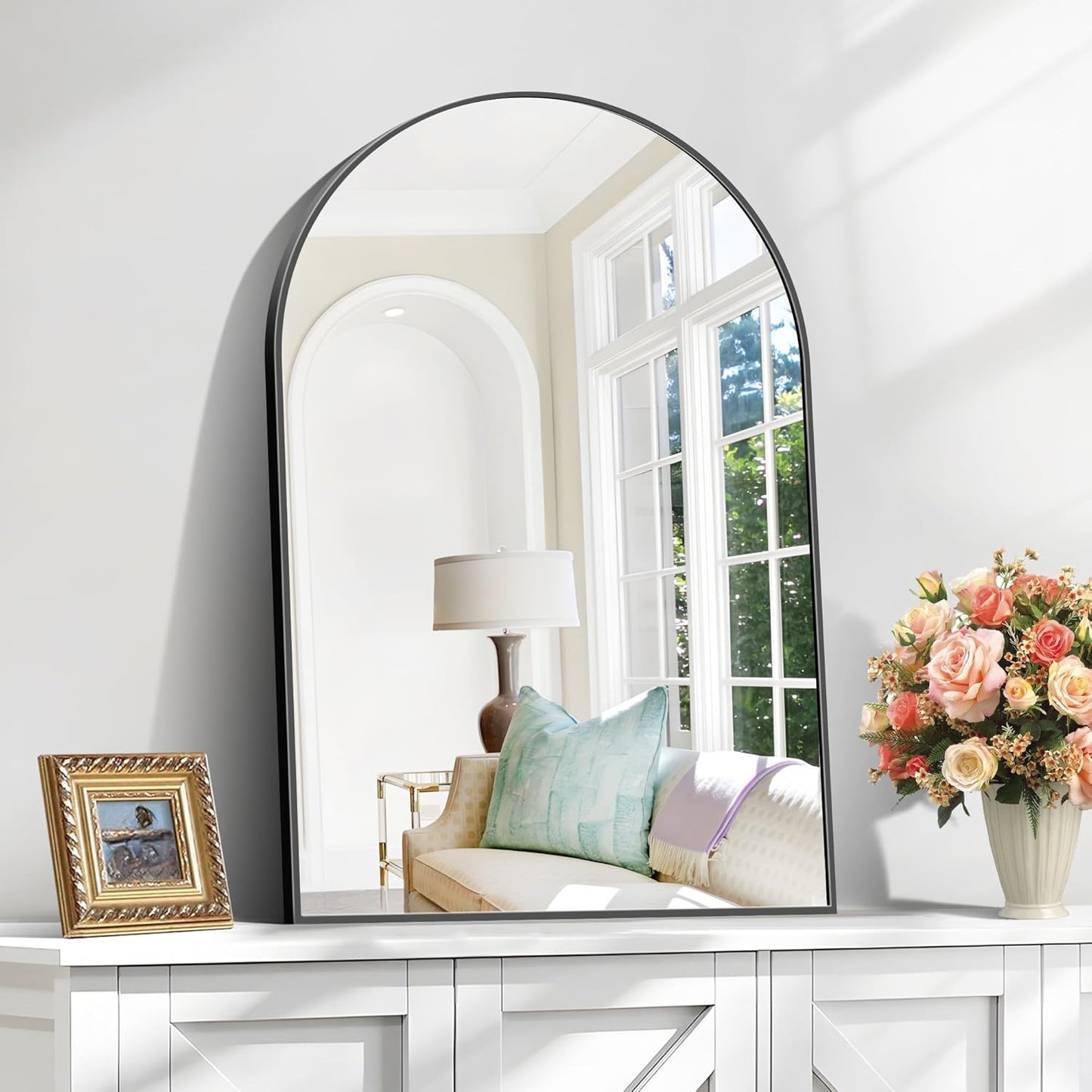 Arched Mirror, 20"x30" Black Bathroom Mirror with Metal Frame, Wall Mounted Mirrors Decor Modern Dresser Mirror for Bedroom Living Room Entryway