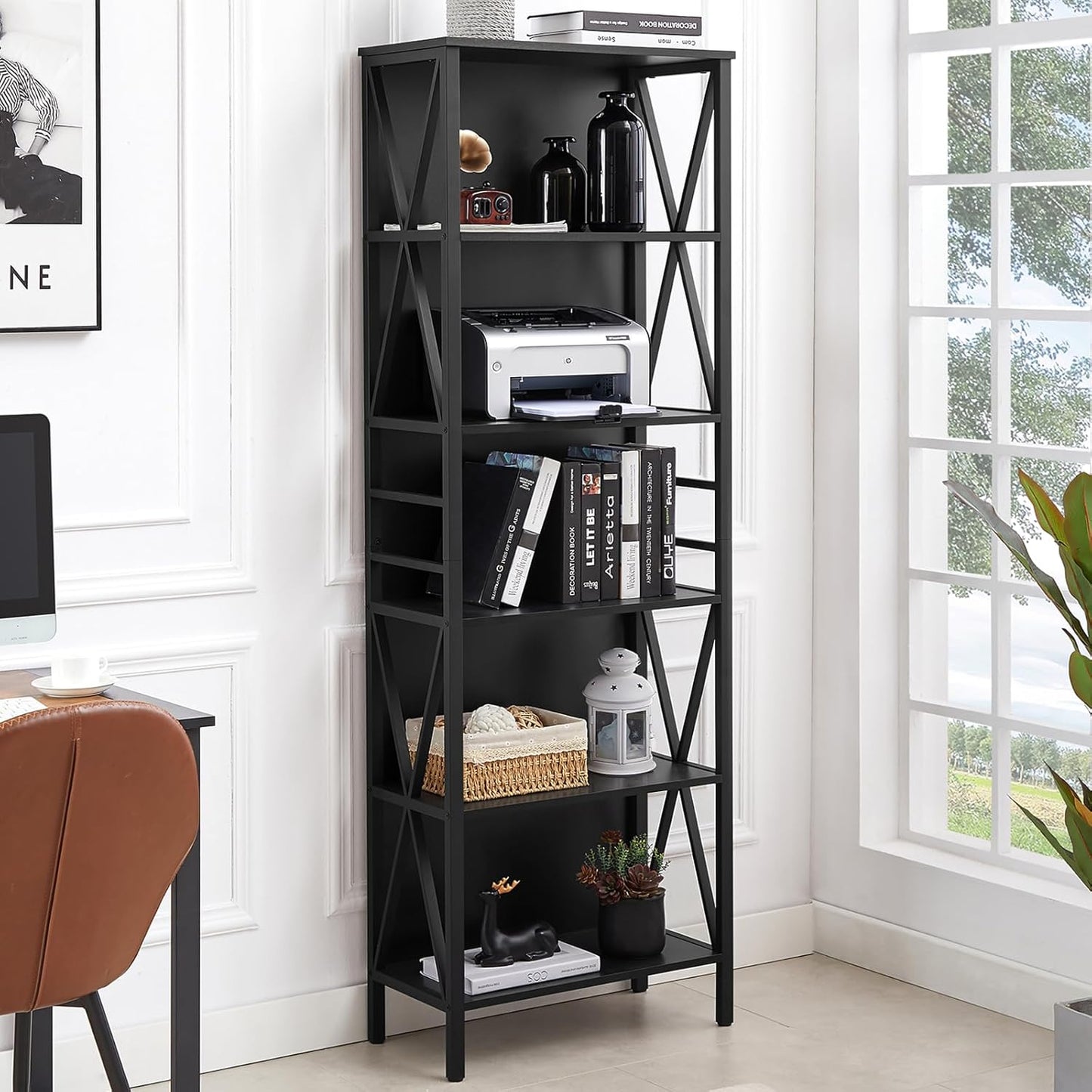 HOMISSUE Tall Bookshelf, 6-Tier Book Shelf, Rustic Wood Metal Bookshelves and Bookcases, Freestanding and Industrial Open Bookcase for Home Office, Living Room and Bedroom, Black