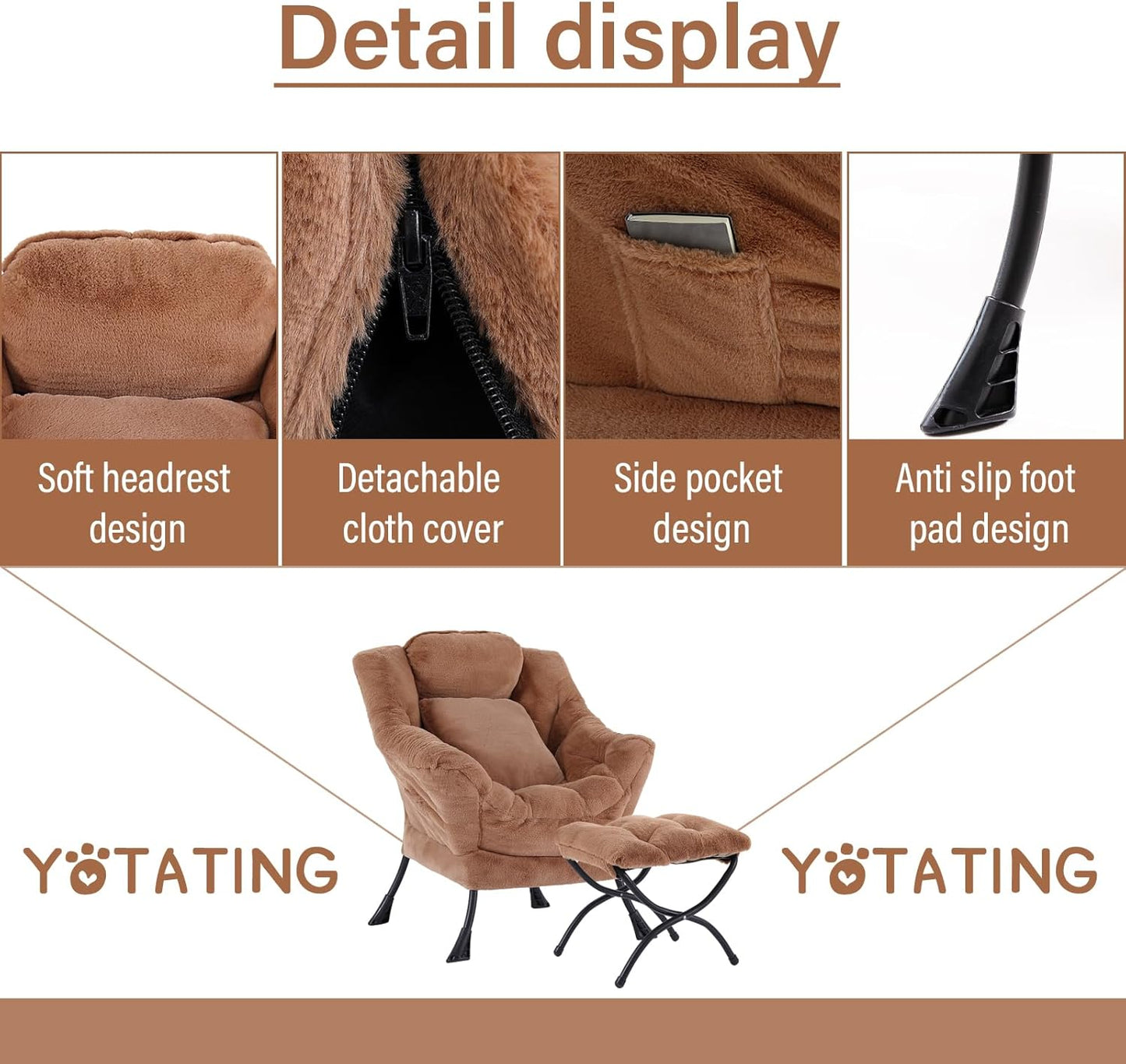 Lazy Chair with Ottoman, Comfy Reading Lounge Chair with Footstool & Throw Pillow Modern with Armrests & Side Pocket for Living Room, Bedroom, Dorm Room, Plush Brown