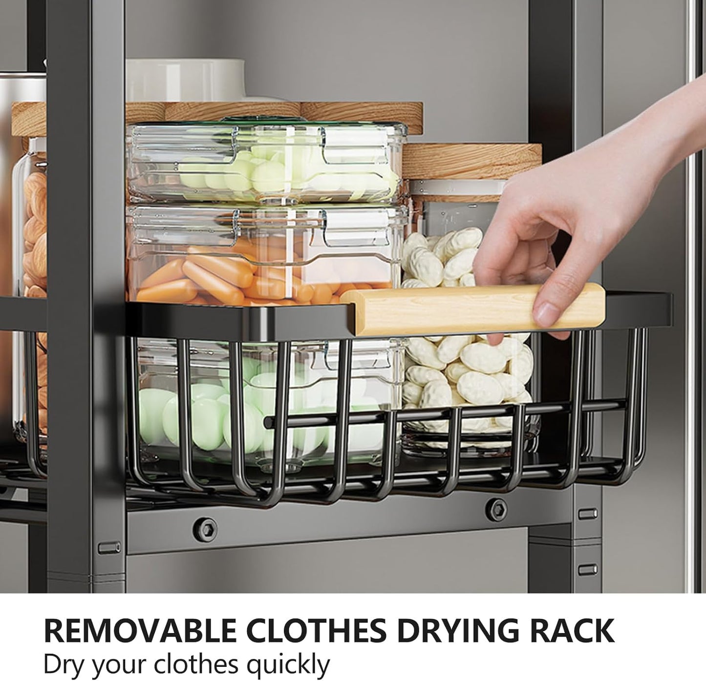 Kitchen Storage Cart Slim Rolling Cart On Wheels,5-Tier Skinny Kitchen Island Utility Organizer Storage Cart with Pull-Out Baskets and Wood Top,Mesh Fruit Basket Cart with Handle