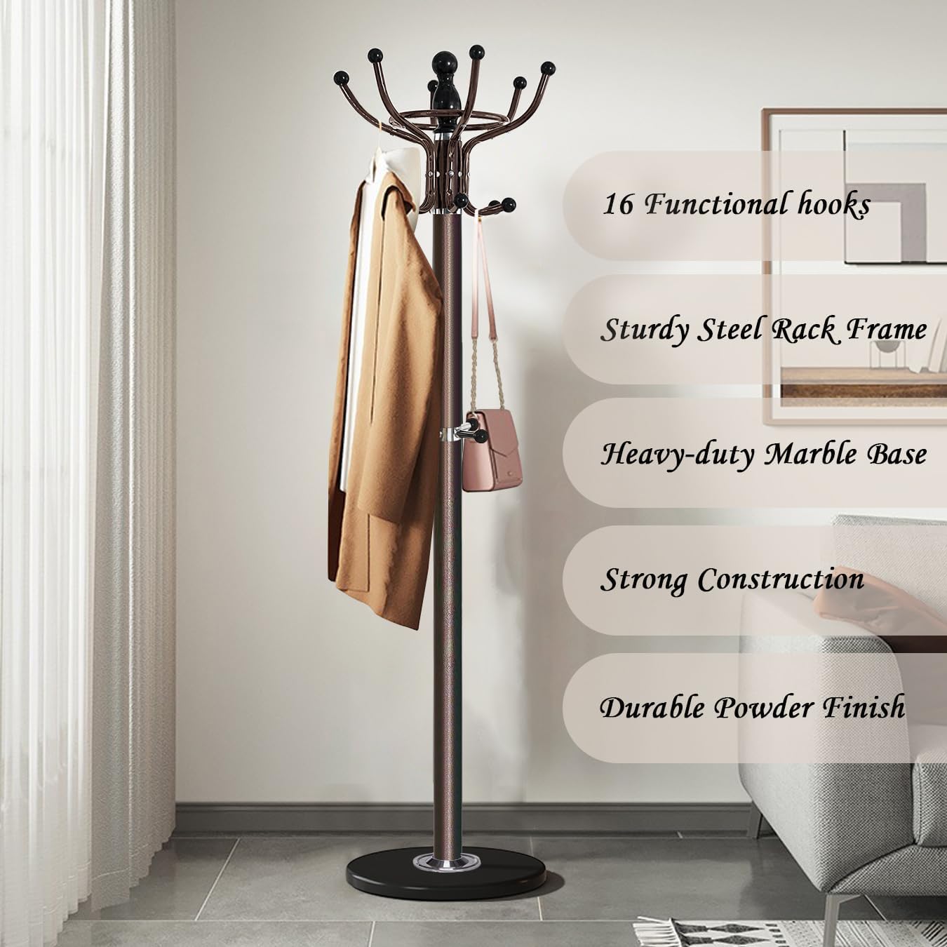 Kertnic Freestanding Coat Rack with 16 Hooks & Marble Base - Heavy Duty Metal Hall Tree Stand for Entryway, Hats, Coats, Bags Rack- Modern Hanger Organizer for Home, Office, Dorm (16 hooks -Bronze)