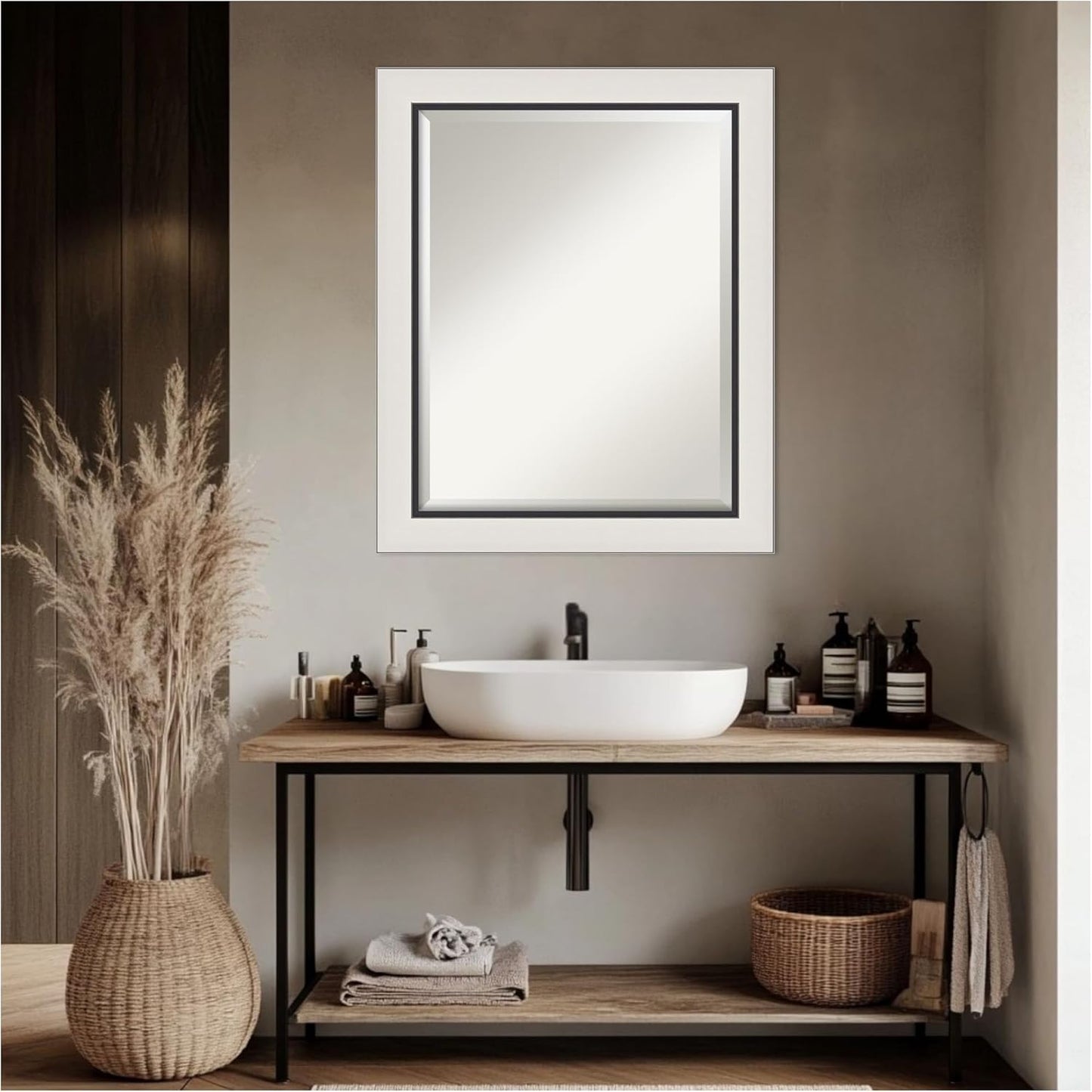 Amanti Art Silver Bathroom Mirror for Over Sink, 28x34 Ellie Silver Black Rectangle Vanity Mirror, Large Modern Contemporary Frame, Hangs Horizonally and Vertically, Bathroom Wall Decor, Beveled Edge