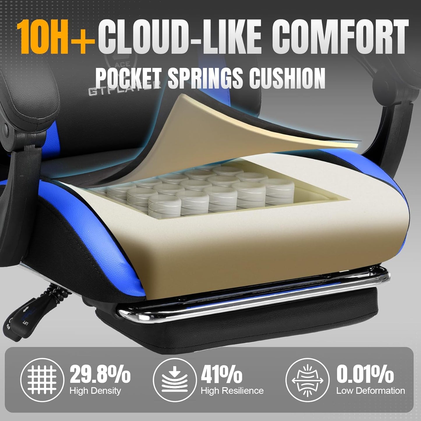 GTRACING Gaming Chair with Foot Rest & Pocket Spring Cushion, Ergonomic High Back Computer Chair with Headrest & 360°-Swivel Seat for Home Office Desk, PU Leather, Blue