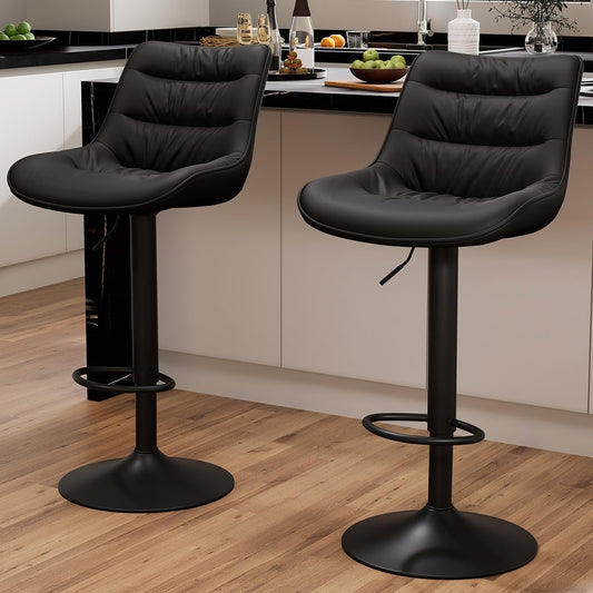 Kidol & Shellder Bar Stools Set of 2 Adjustable Swivel Black, PU Leather Upholstered with Back, Modern Counter Height Stools for Kitchen Island, Home Bar