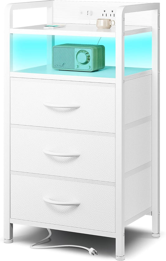 Night Stand Bedside Charger Bedroom - Nightstand with Charging Station, Bed Side Table with LED Light Strip, End Table with U-S-B Ports & AC Outlets, Storage Shelf & 3 Fabric Drawers, White