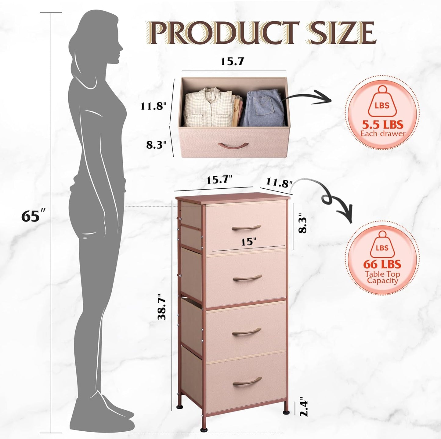 WLIVE 4 Drawers Dresser for Bedroom, Pink Rose Gold Fabric Clothes Storage Organizer Unit, Dresser for Hallway, Entryway, Closets, Sturdy Steel Frame, Wood Top