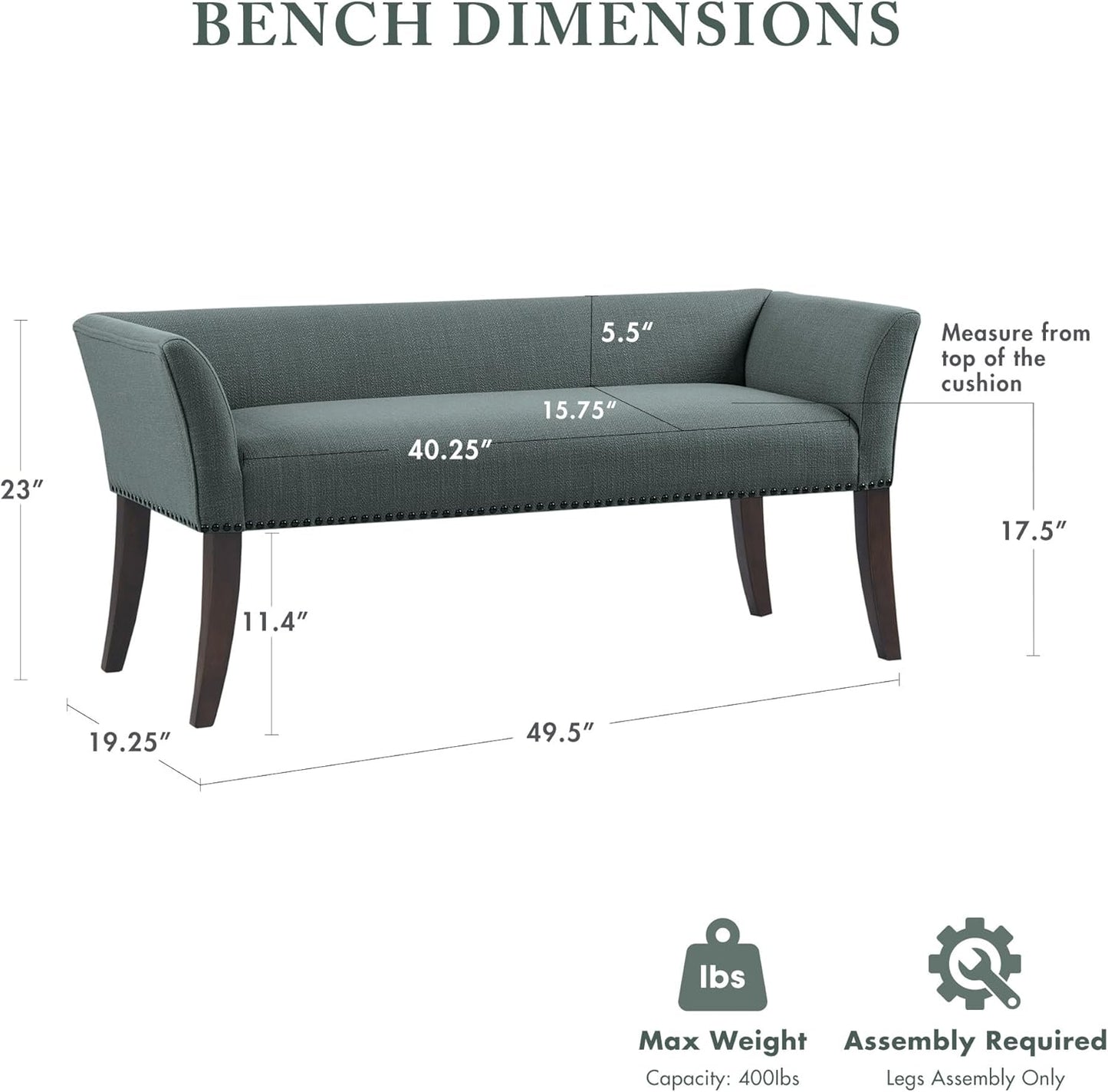 Madison Park Accent Bench, Upholstered with Nailhead Trim, & Padded Seat Entryway Bench Small, End of Bed Bench with Back, 49.5" W x 19.25" D x 23" H, Slate Blue