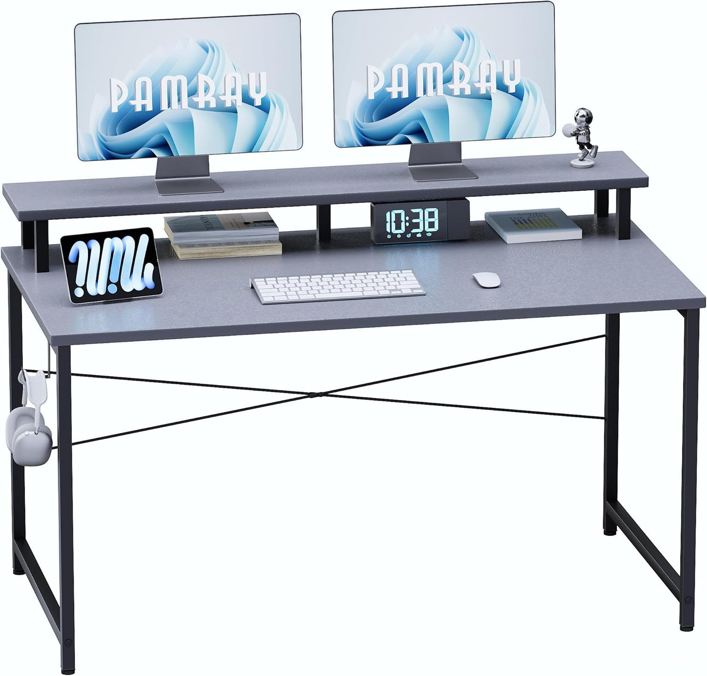 Pamray 47 Inch Small Computer Desk with Monitor Stand, Simple Office Desk with Headphone Hook for Small Spaces, Kids Study Writing Table for Bedroom, Grey