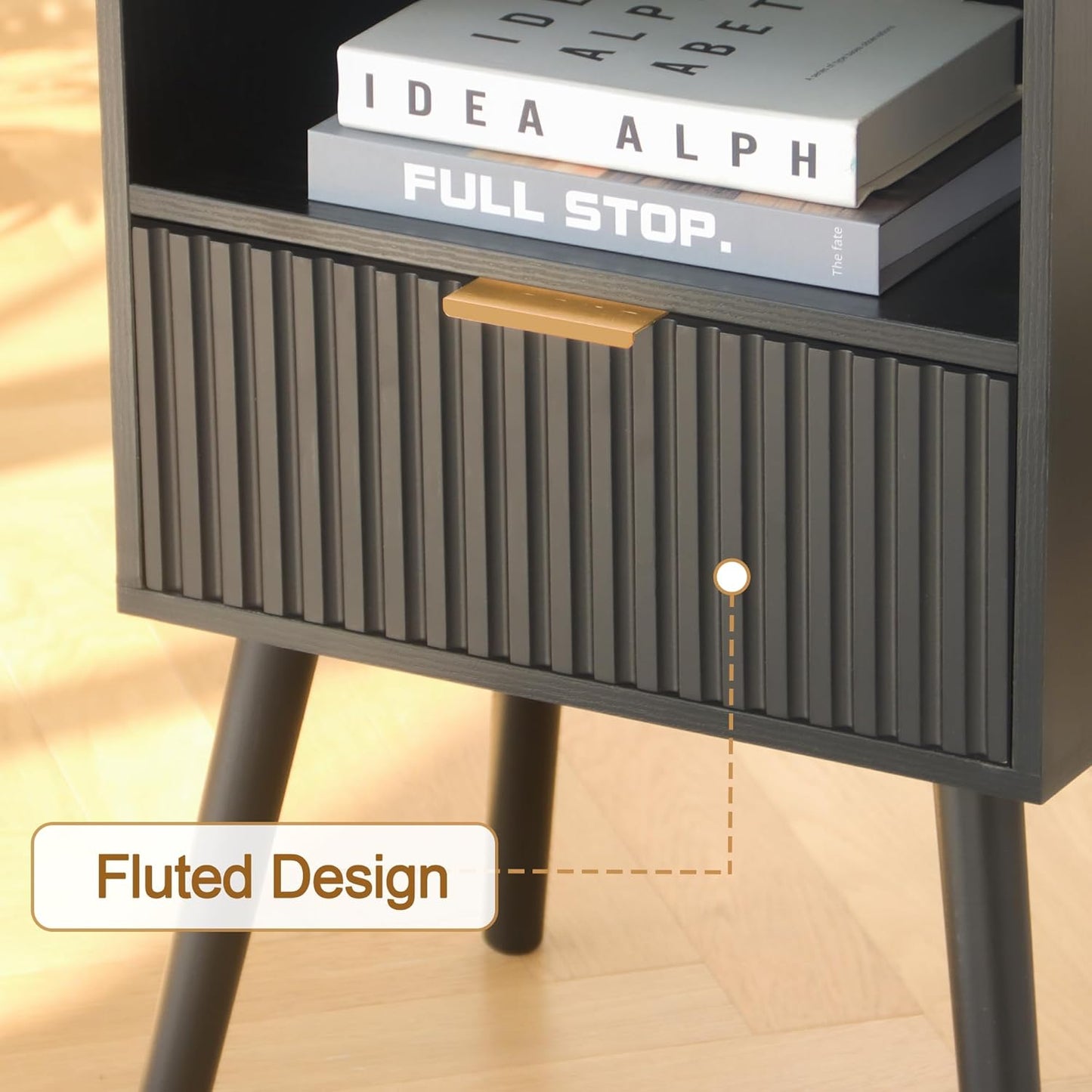 AWASEN Black Fluted Nightstand, Modern Bedside Table with Storage Drawers, Small Night Stand Bed Side Table with Solid Wood for Living Room, Bedroom, Office and Small Space (Black)