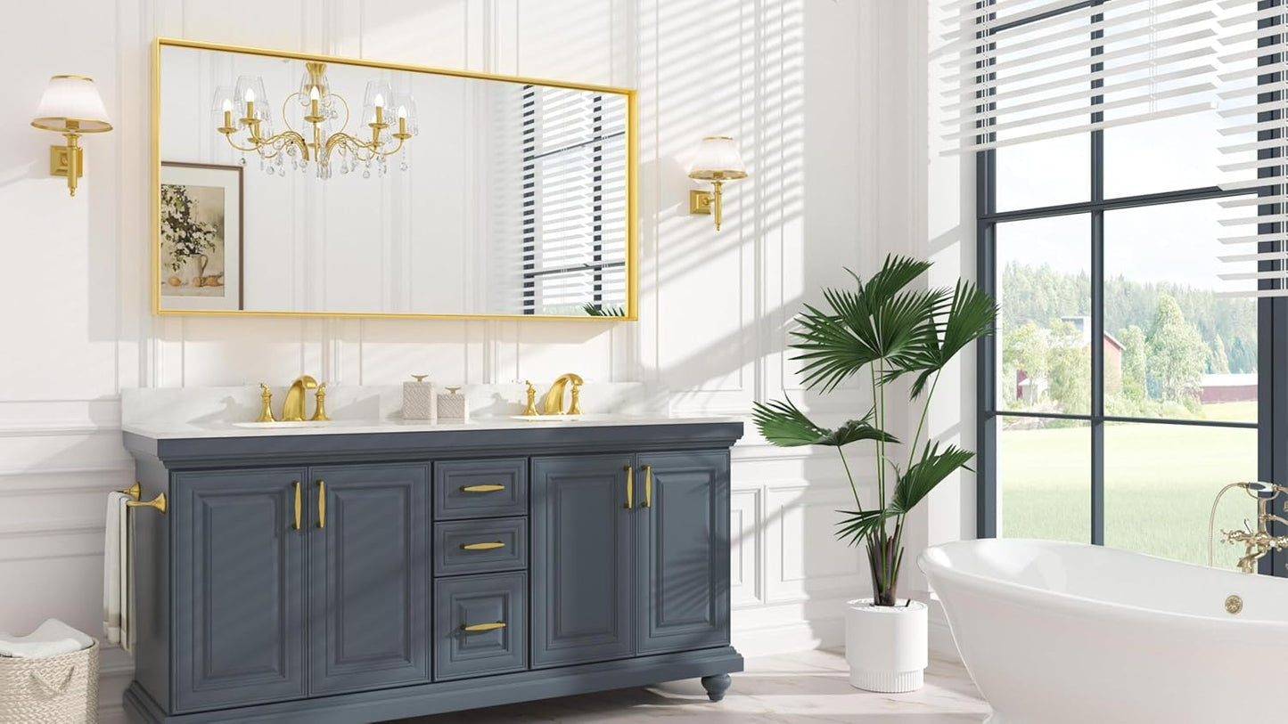 Keonjinn Brushed Gold Bathroom Mirror 60” x 30” Metal Framed Rectangular Wall Mirror Large Farmhouse Bathroom Mirrors Rectangle Gold Wall-Mounted Vanity Mirrors(Horizontal/Vertical)
