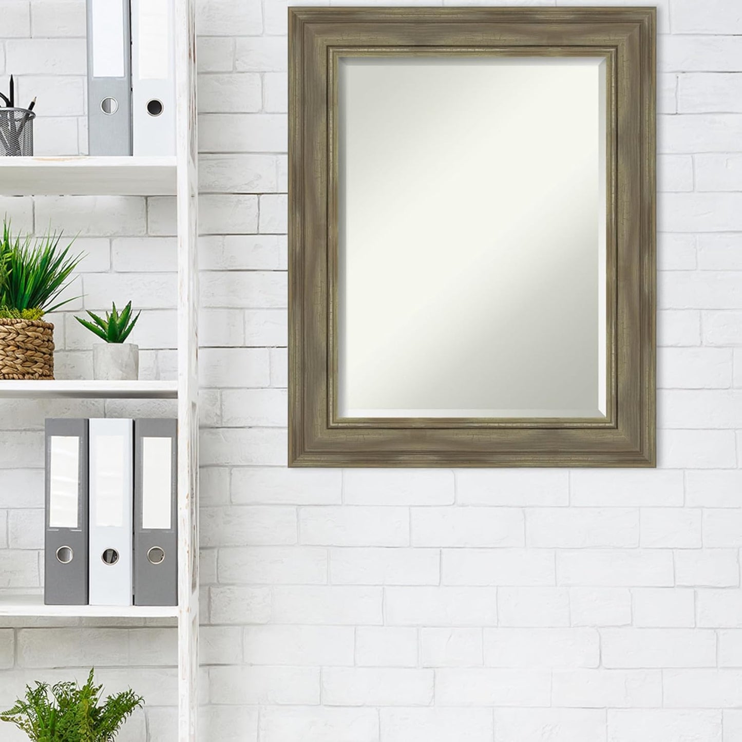 Amanti Art Grey Wall Mirror 30x24 Alexandria Greywash Rectangle Bathroom Mirror for Wall Decor Living Room, Medium Country Rustic Wood Frame, Hangs Horizonally and Vertically, Bathroom Decor, Beveled