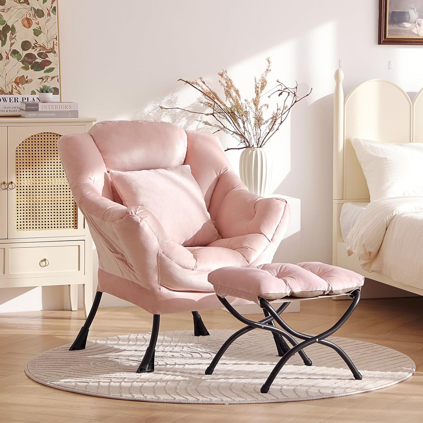 Large Lazy Chair with Ottoman, Accent Reading Chair with a Throw Pillow, Cozy Lounge Armchair, Leisure Sofa Chair for Living Room, Bedroom, Dorm, Velvet Pink