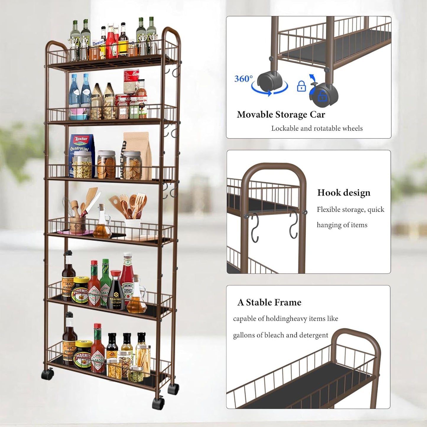 6-Tier Slim Storage Cart with Wheels, 6in Narrow Rolling Shelf,Sturdy Slim Storage Ideal for Kitchen, Bathroom, and Laundry Room,Champagne Gold