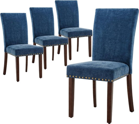 COLAMY Upholstered Parsons Dining Chairs Set of 4, Fabric Dining Room Kitchen Side Chair with Nailhead Trim and Wood Legs - Dark Blue