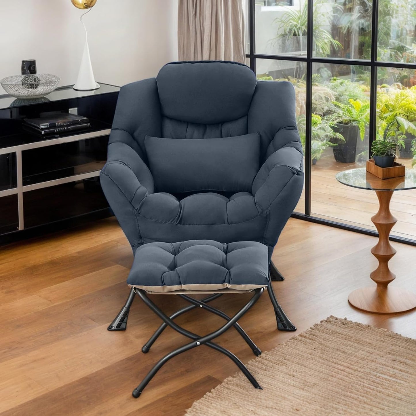 Lazy Chair with Ottoman, Modern Lounge Chair with Lumbar Pillow, Accent Cozy Reading Armchair and Folding Footstool for Bedroom, Dorm, Living Room,Navy