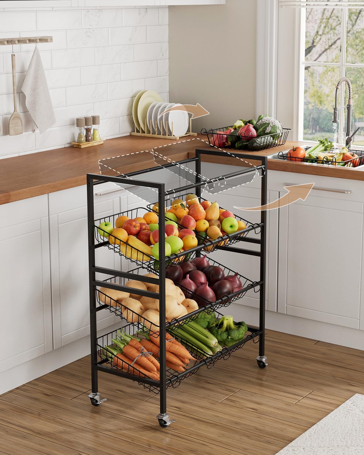 25.2''W Kitchen Storage Cart, Rolling Snack Cart, 4 Tier Fruit Basket Stand, Metal Pantry Storage with 8 Stackable Wire Baskets, Black