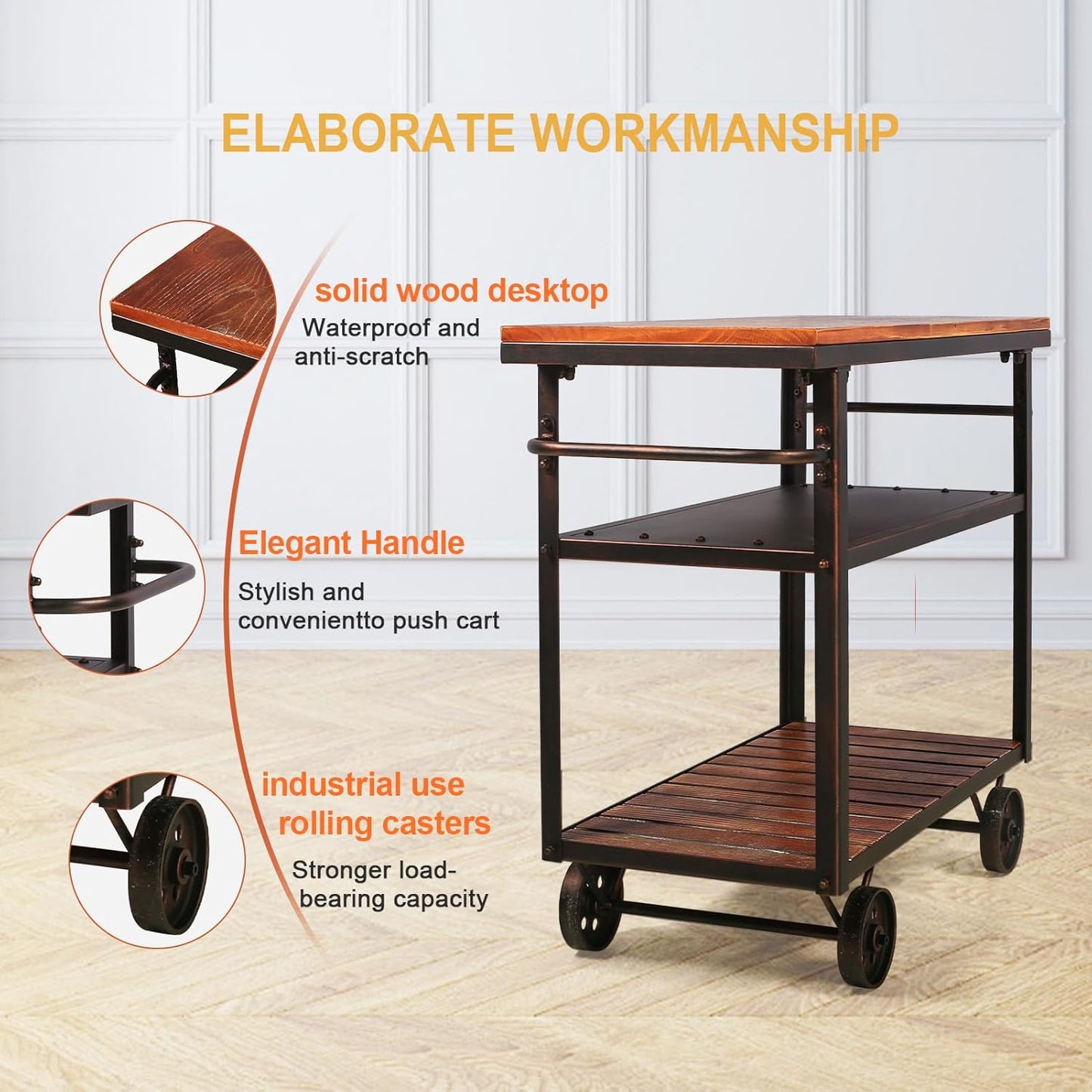 Farmhouse Mobile Cart with Wheels for Home Kitchen Industrial Rolling Food Cart Outdoor Vintage Wood and Metal Design Utility Cart in Office Coffee House 3 Tier with 2 Side Handle