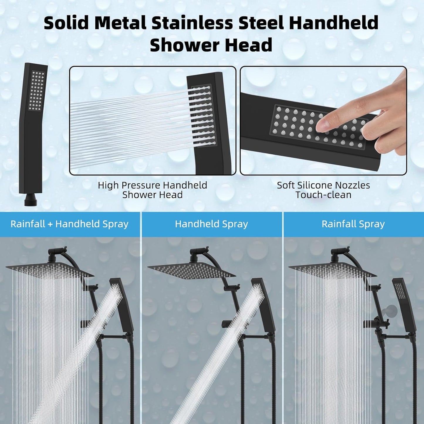 Hibbent All Metal 12'' Rainfall Shower Head, Dual Shower Head Combo, High Pressure Handheld Shower Wand, 16'' Adjustable Arc-shaped Shower Extension Arm, 71'' Hose, Showerhead Holder, Matte Black